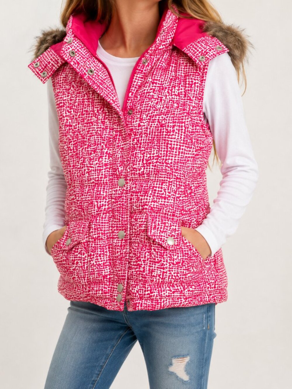 NWT Dollhouse Y2K Pink White Puffer Vest Faux Fur Hood Teen-Women’s M
